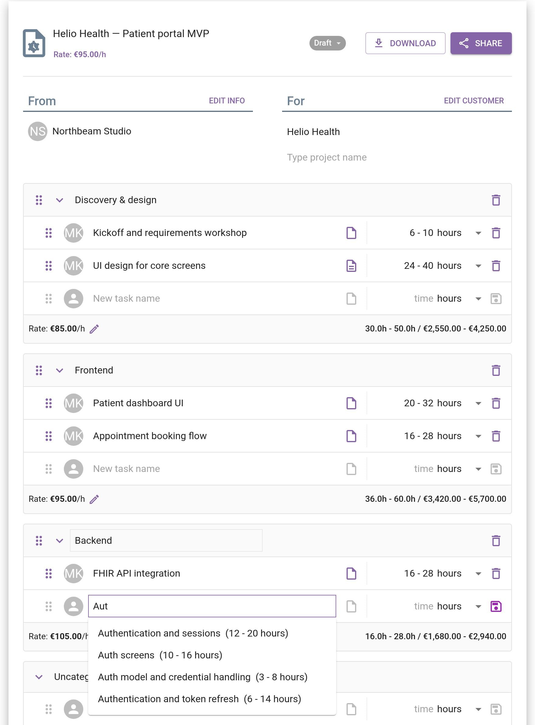 Task and hour suggestions autocompleted from past estimates