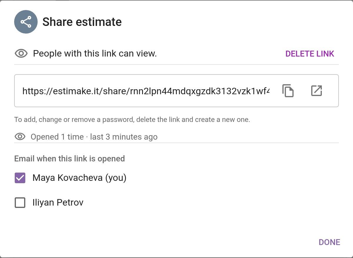 The share dialog: how often the quote was opened, and who gets an email when it is